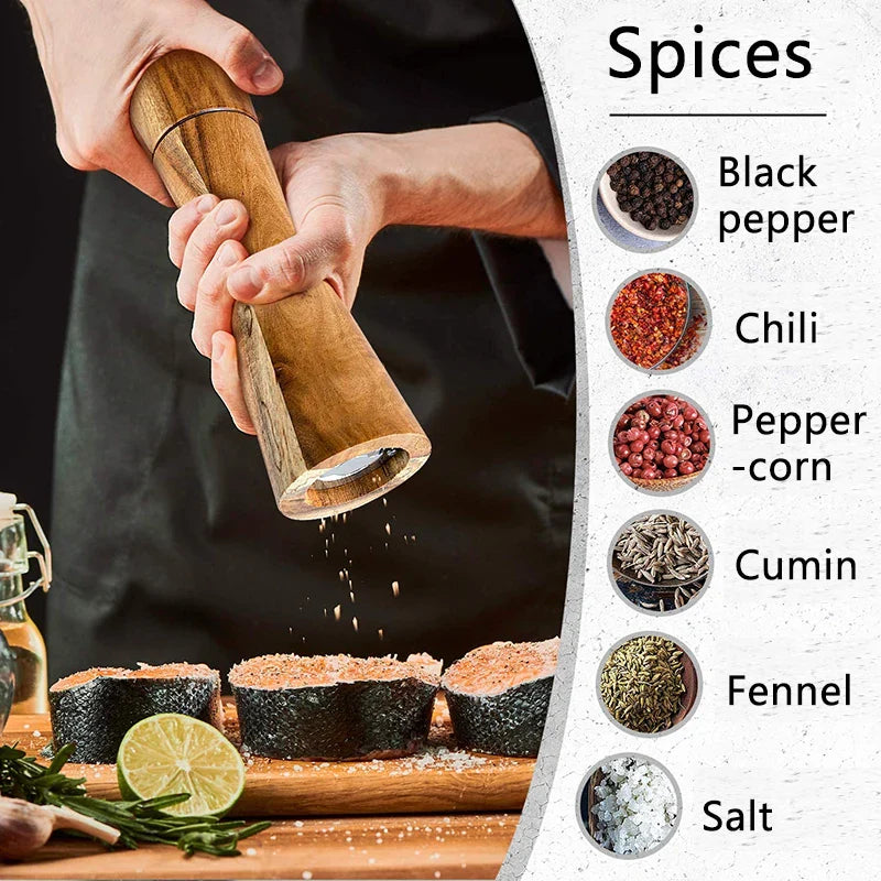 Acacia Wood Salt and Pepper Grinder Set with Adjustable Ceramic Mechanism for Culinary Use